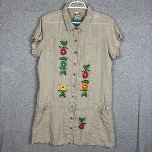Sister Mary Women's Linen Dress Embroidered Floral Tan Check Sz Medium Pockets